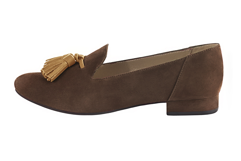 Chocolate brown and camel beige women's loafers with pompons. Round toe. Flat leather soles. Profile view - Florence KOOIJMAN